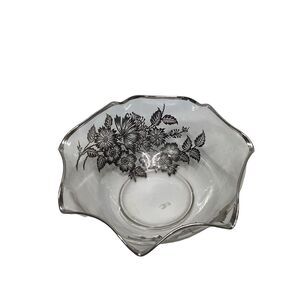 Vintage Silver Overlay Clear Glass Bowl Flowers Scalloped Edge Footed Candy Dish
